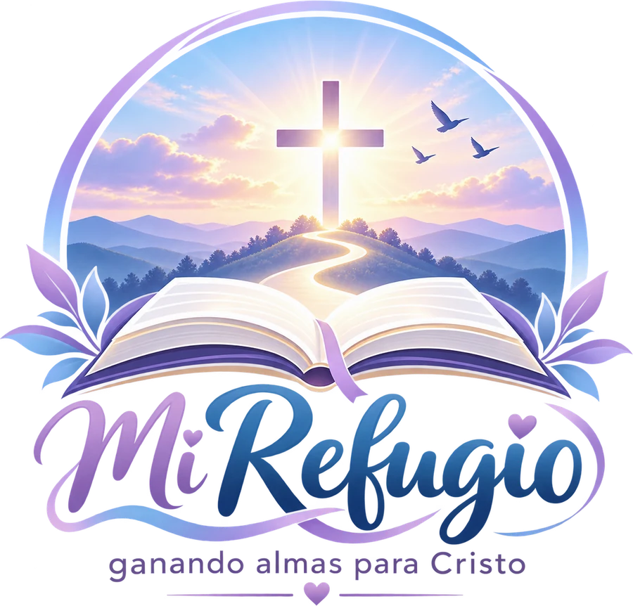 Logo de Mi Refugio, ganando almas para Cristo: una cruz sobre una colina al amanecer, un camino que llega hasta ella y una Biblia abierta